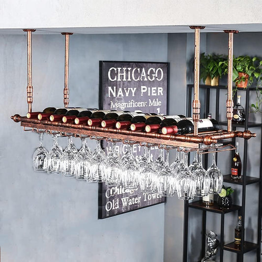Rustic Wine Rack Wall Mounted with Glass Holder, Adjustable Hanging Bar Wine Glass Rack Ceiling, 47.2in Bottle Holder Wine Shelf Shelves, Perfect for Bar Kitche