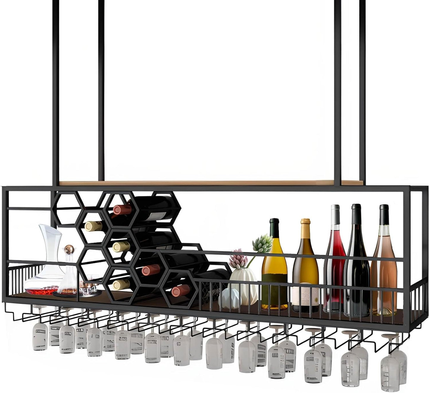 Metal Hanging Wine Rack, Ceiling Bar Wine Glass Rack with Glass Holder and Shelf, 2 Layer Multi Functionl Wine Bottle Holder Organizer, for Bar Cafe Kitchen (Gold, 39.37in/100cm)