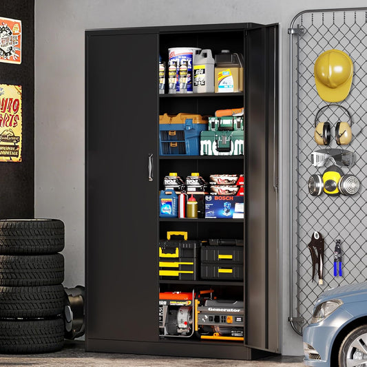 71" Metal Storage Cabinet, Lockable Garage Storage Cabinet with 2 Doors and 4 Adjustable Shelves, Tall File Cabinet with Lock, Black Steel Tool Cabinets for Office,Home,Garage,School (Black)