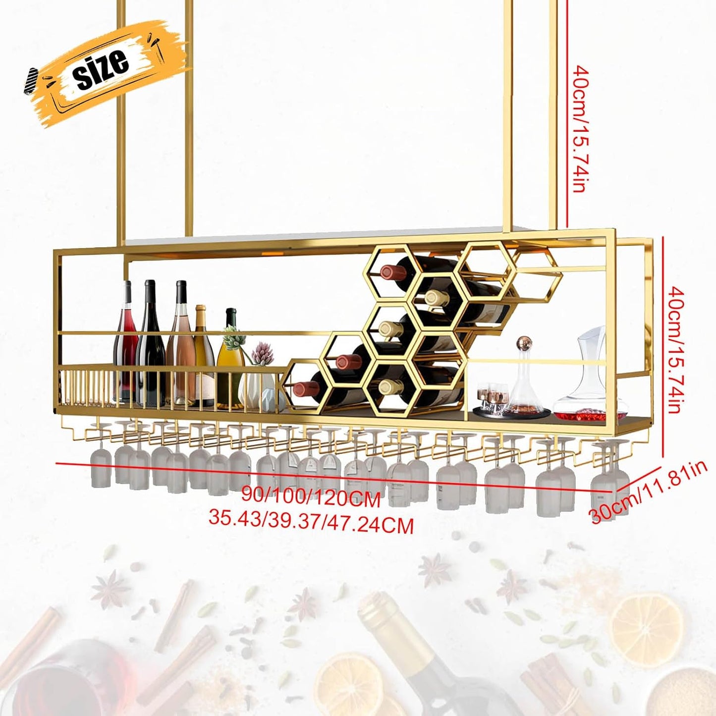 Metal Hanging Wine Rack, Ceiling Bar Wine Glass Rack with Glass Holder and Shelf, 2 Layer Multi Functionl Wine Bottle Holder Organizer, for Bar Cafe Kitchen (Gold, 39.37in/100cm)