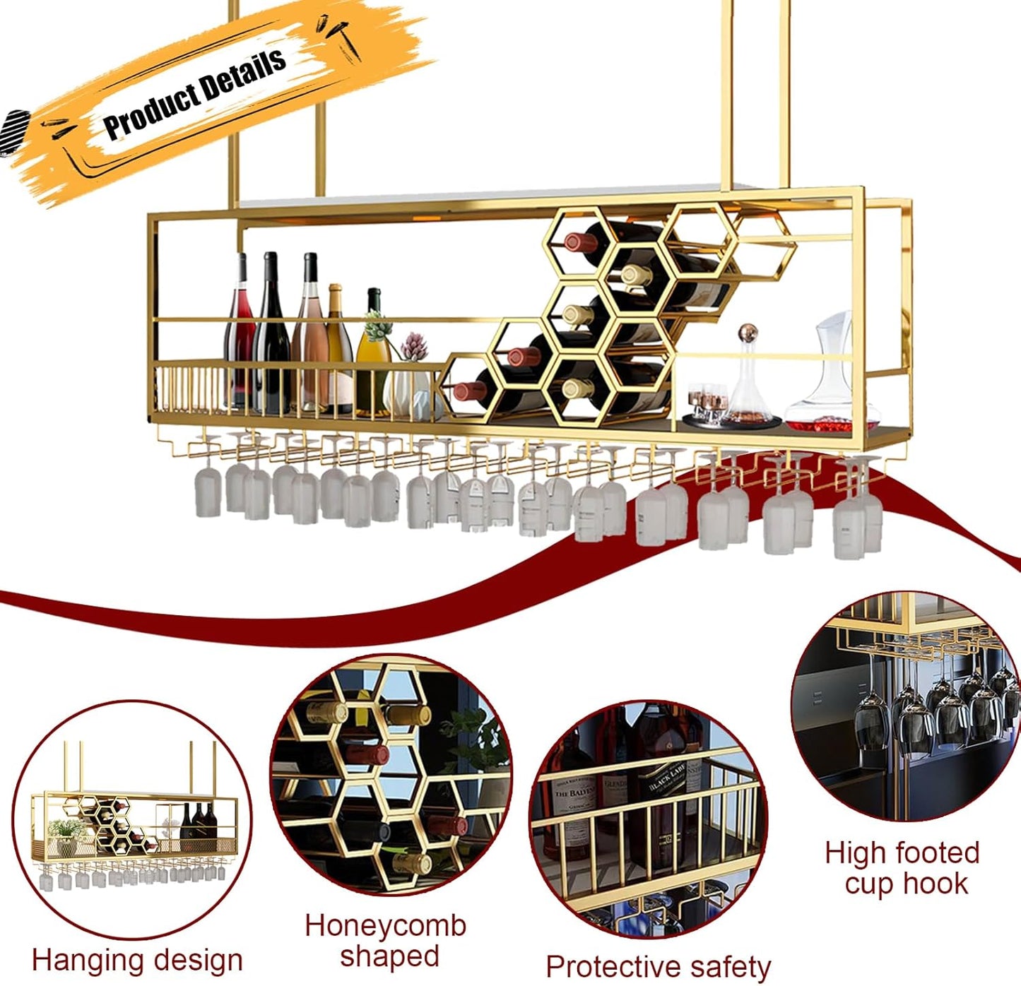 Metal Hanging Wine Rack, Ceiling Bar Wine Glass Rack with Glass Holder and Shelf, 2 Layer Multi Functionl Wine Bottle Holder Organizer, for Bar Cafe Kitchen (Gold, 39.37in/100cm)