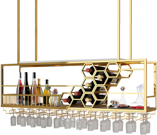 Metal Hanging Wine Rack, Ceiling Bar Wine Glass Rack with Glass Holder and Shelf, 2 Layer Multi Functionl Wine Bottle Holder Organizer, for Bar Cafe Kitchen (Gold, 39.37in/100cm)