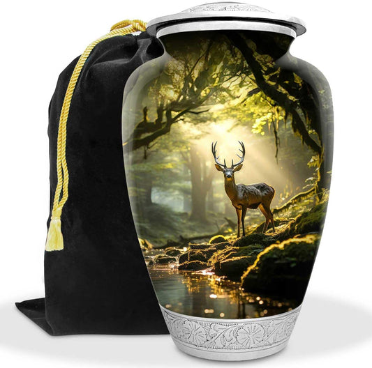 Deer Forest Urn for Human Ashes | Large Handcrafted Funeral Memorial | Decorative Cremation Urn for Women and Men