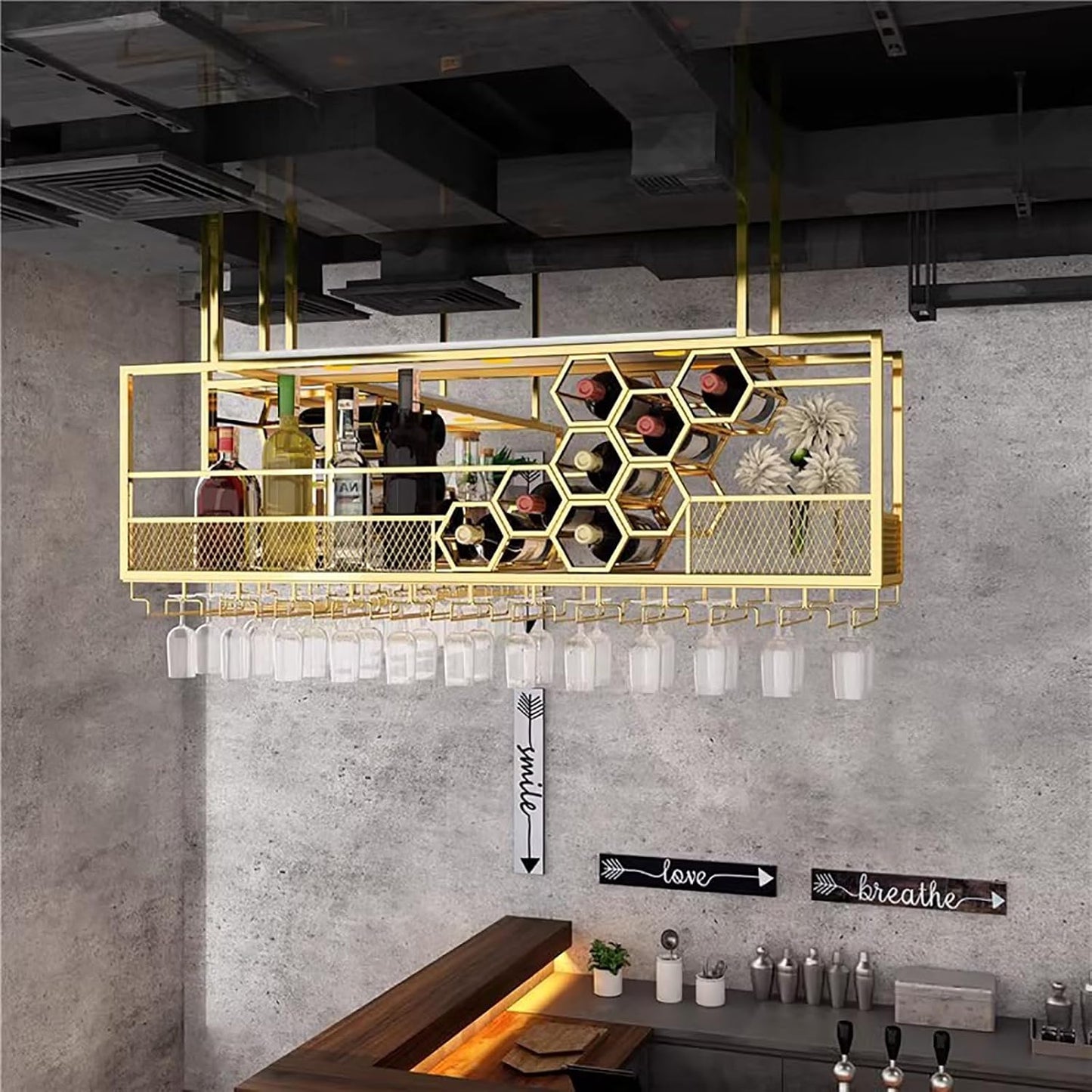 Metal Hanging Wine Rack, Ceiling Bar Wine Glass Rack with Glass Holder and Shelf, 2 Layer Multi Functionl Wine Bottle Holder Organizer, for Bar Cafe Kitchen (Gold, 39.37in/100cm)