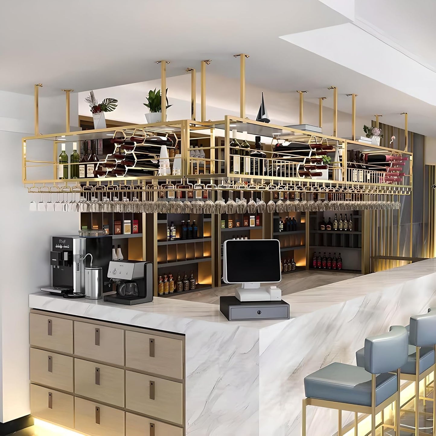 Metal Hanging Wine Rack, Ceiling Bar Wine Glass Rack with Glass Holder and Shelf, 2 Layer Multi Functionl Wine Bottle Holder Organizer, for Bar Cafe Kitchen (Gold, 39.37in/100cm)