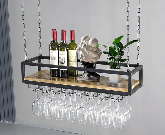31 Inch Ceiling Wine Glass Rack, Hanging Wine Rack with Glass Holder and Shelf, Industrial Hanging Wine Bottle Holder, Black Metal Ceiling Shelf for Bar Cafe Kitchen