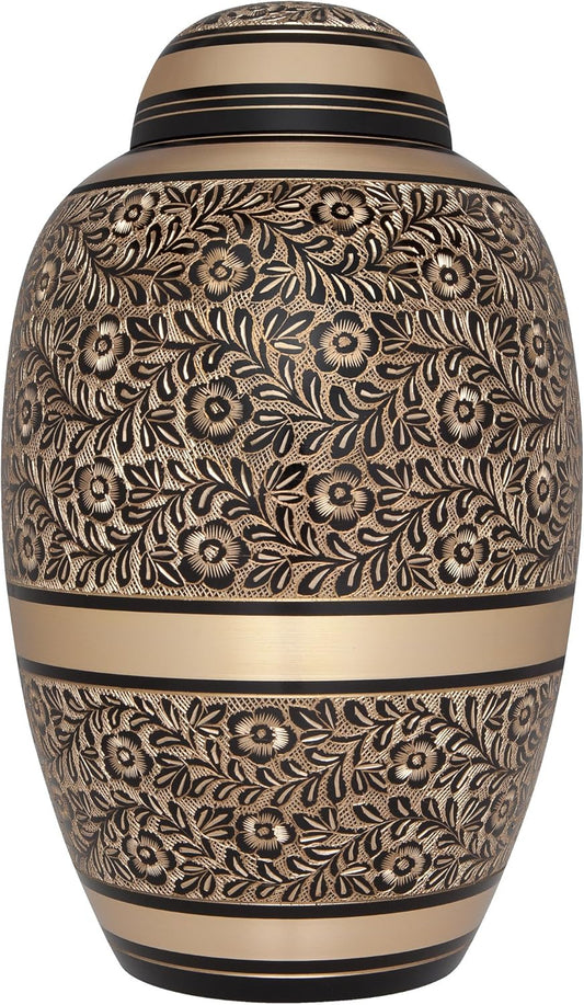 Black and Gold Funeral Cremation Urn for Human Ashes by Liliane - Hand Made in Brass - Suitable for Cemetery Burial or Niche - Large Size fits Remains of Adults up to 200 lbs - Serenita